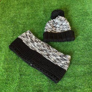Knitted Beanie Winter Hat w/Pom-Pom & Infinite Scarf Heather Black Grey Kids Set